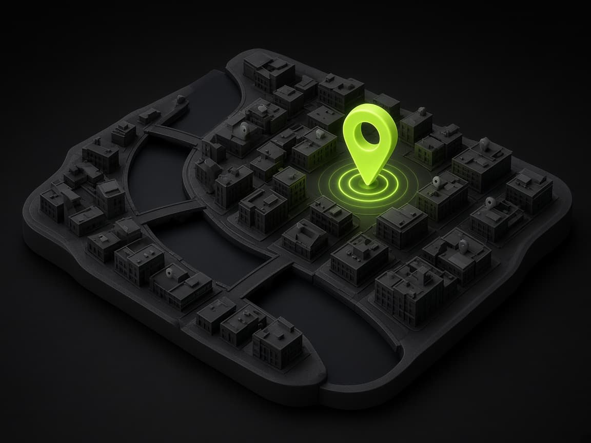 Isometric city map with one glowing neon-green location pin