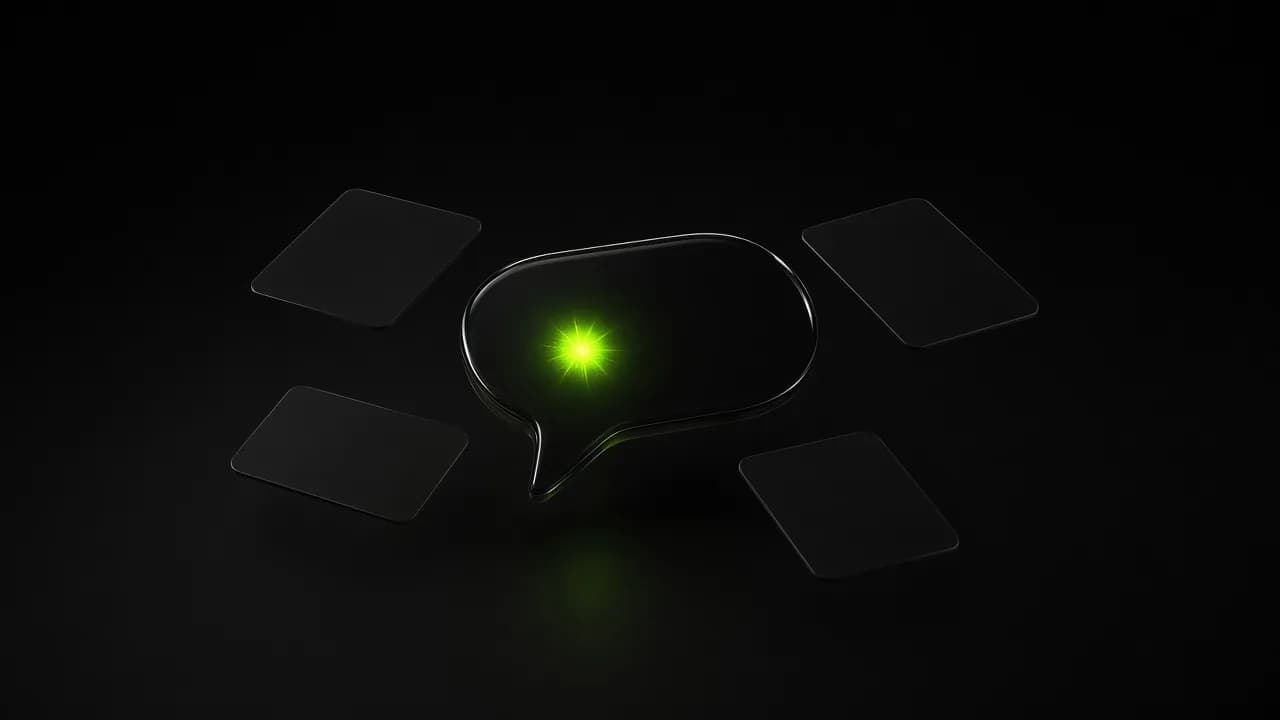 A glass speech bubble with a glowing green spark, surrounded by four floating cards