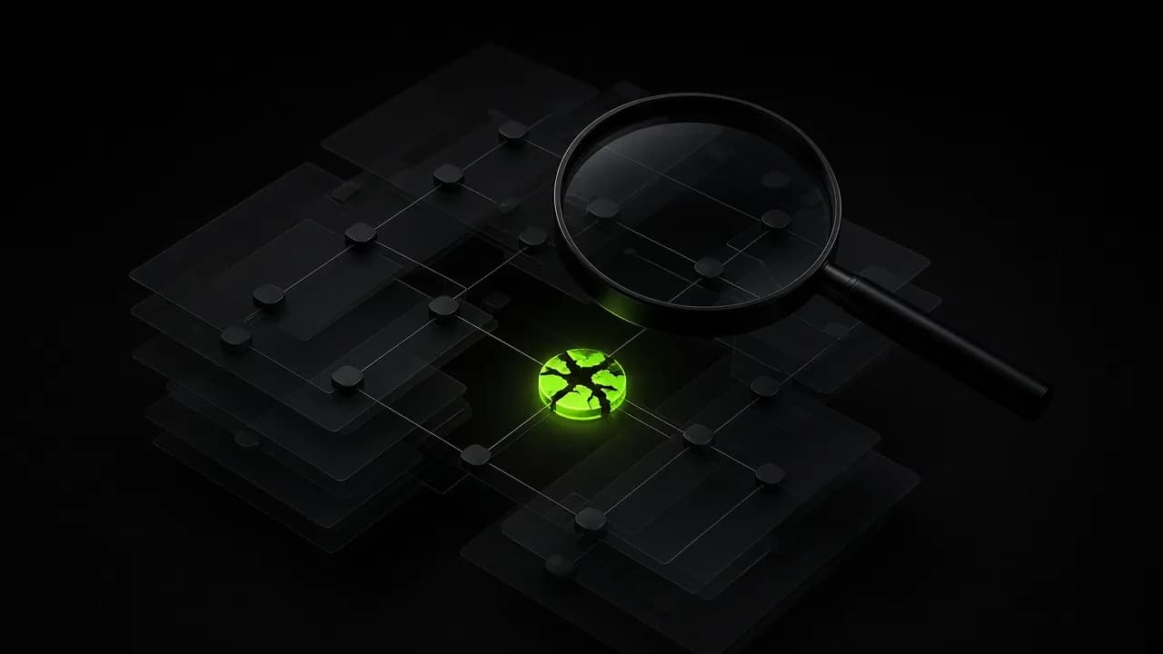 A magnifying glass over a network of linked pages, with one glowing broken node