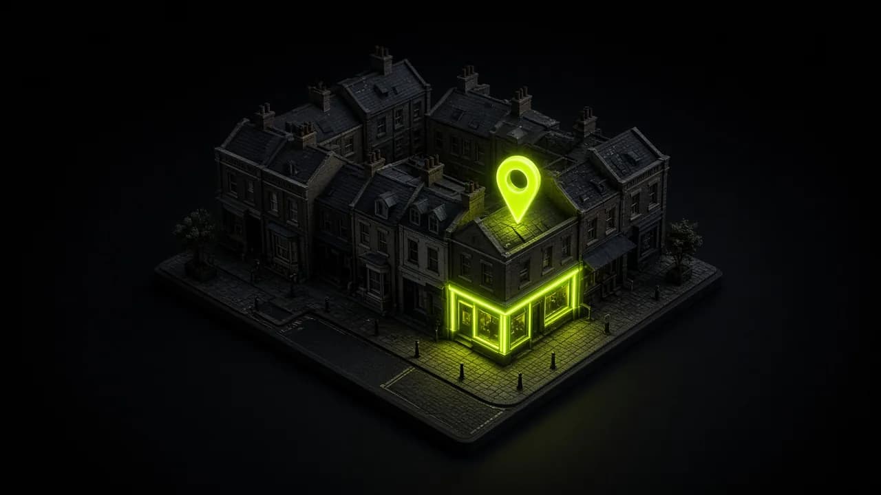 A London street corner with one shop lit in neon green beneath a location pin