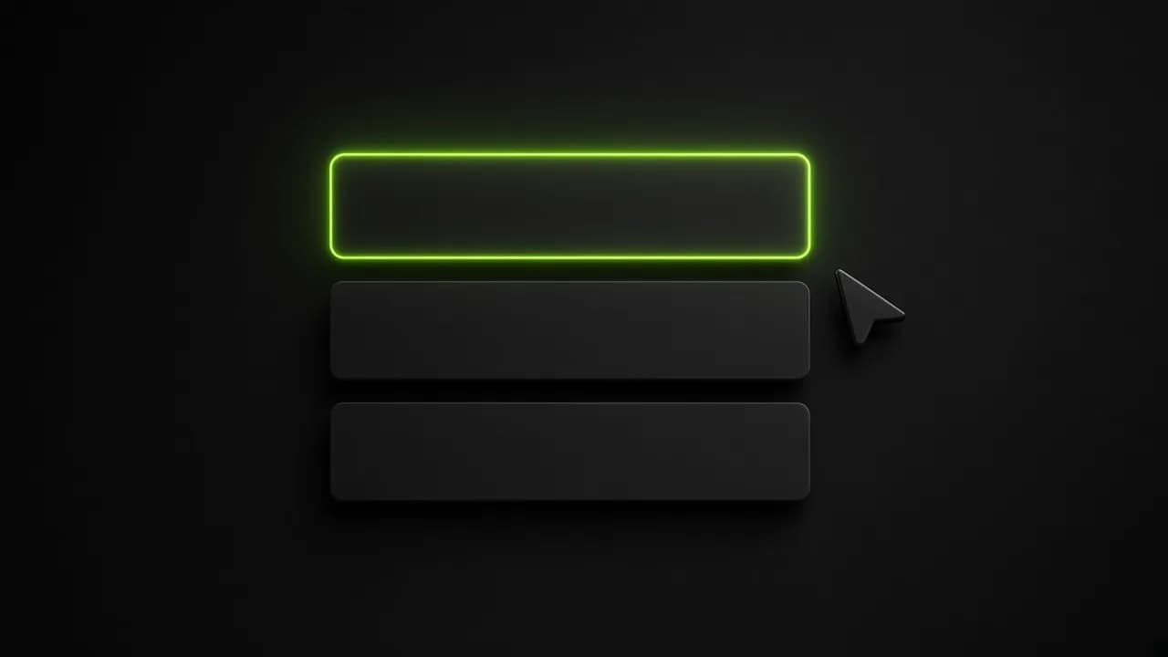 A glowing green search field above two dark result blocks, with a cursor pointing at it
