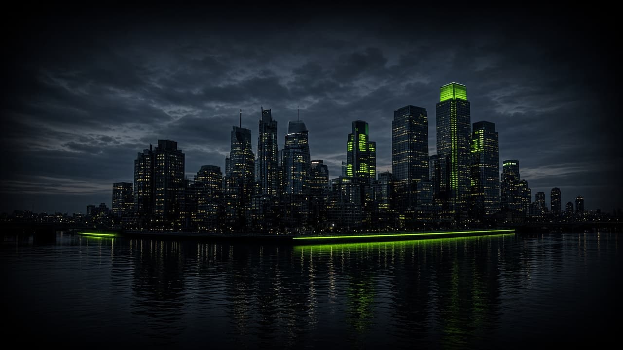 The London skyline at night seen across the Thames, with neon-green lights in some windows