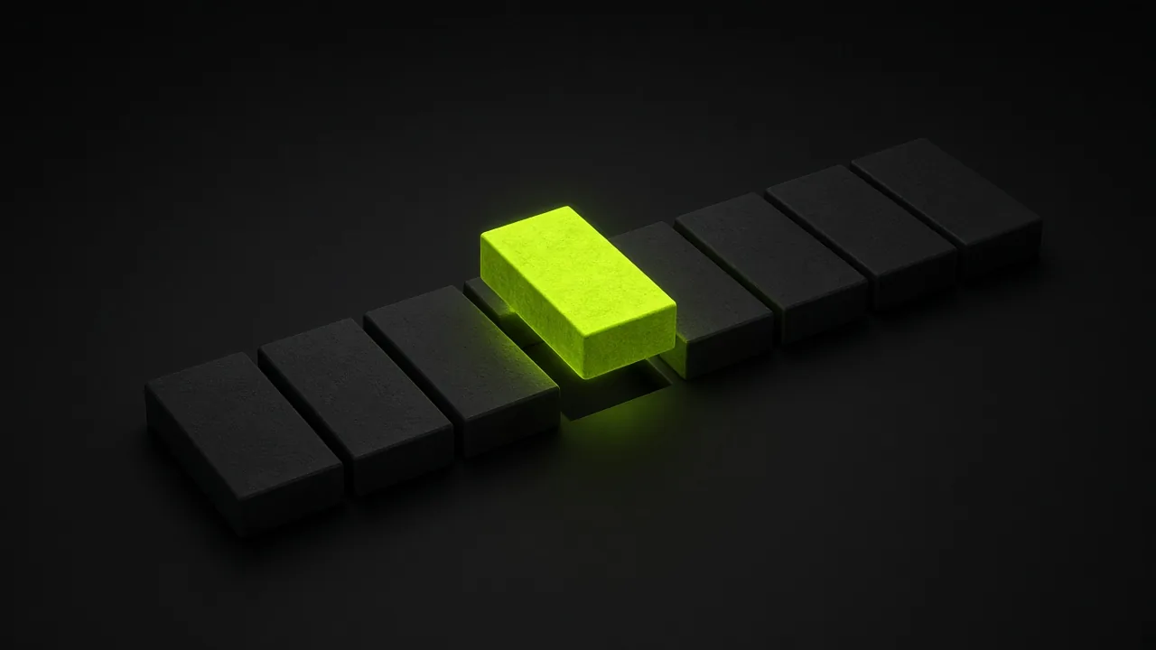 A long dark slab cut into neat blocks with one block lifted out and glowing lime