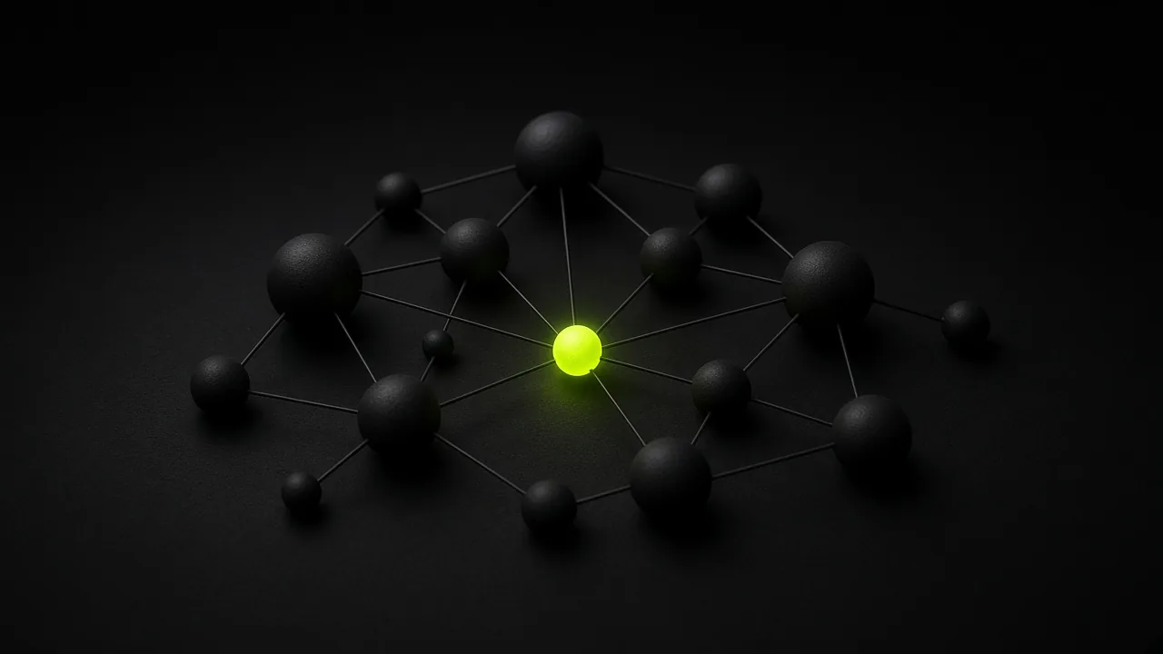 Network of linked black spheres with one central sphere glowing lime