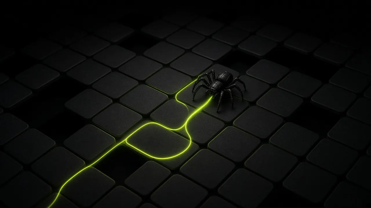 Black robot spider leaving a lime trail across a dark grid of page tiles