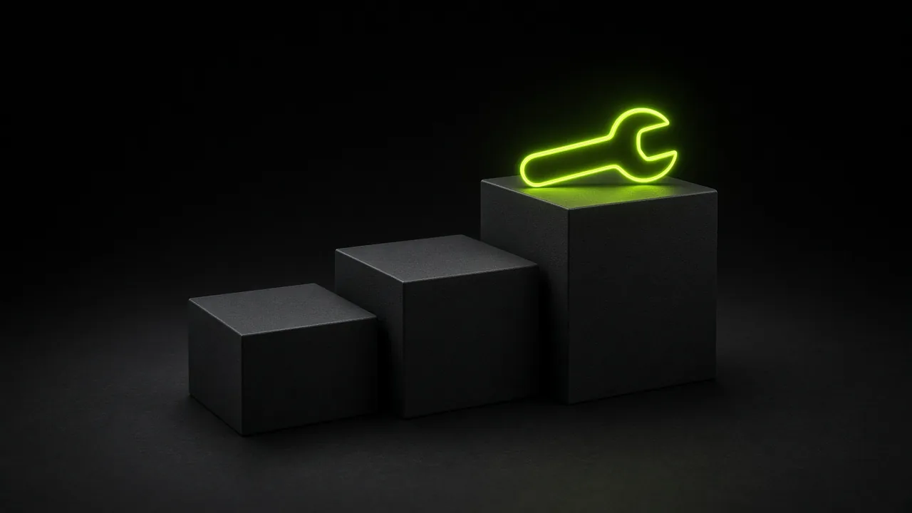 Three black blocks rising like steps with a lime wrench on the tallest