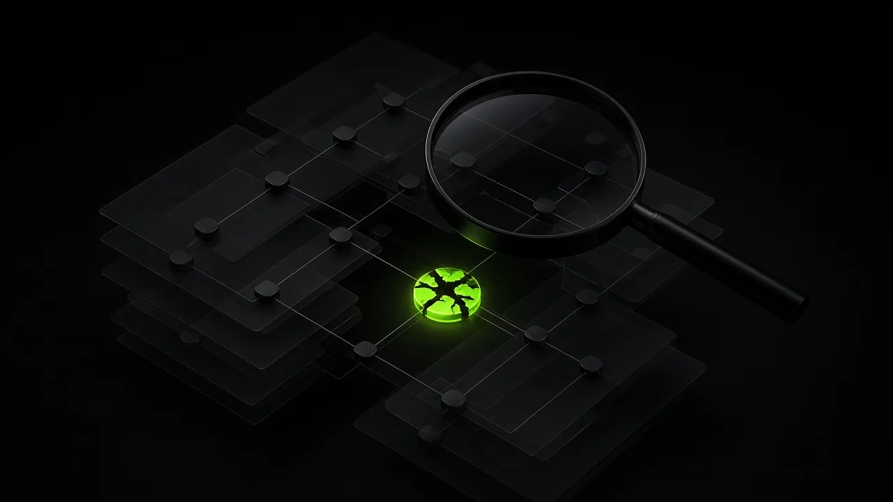 Magnifying glass over a layered site structure with one broken node glowing lime