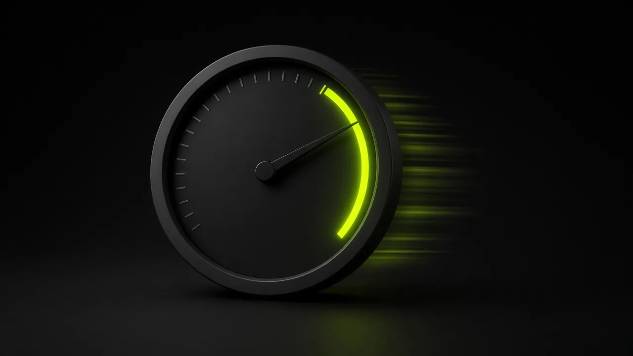 Black speedometer with its needle pointing into a glowing lime fast zone