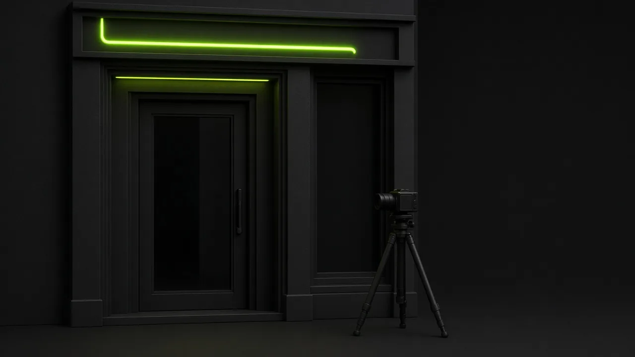 Black shopfront with a lime light strip and a camera on a tripod in front of it