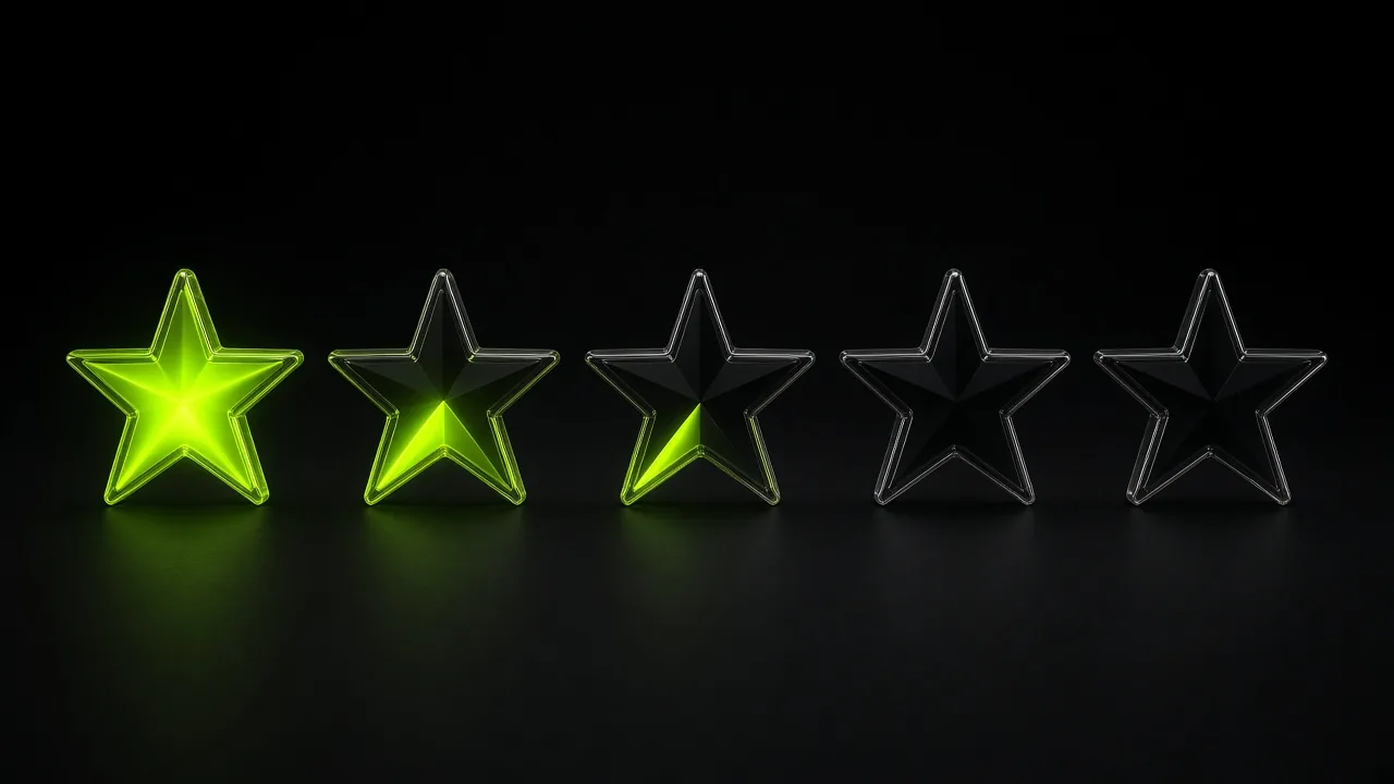Five black glass stars filling with lime light from left to right