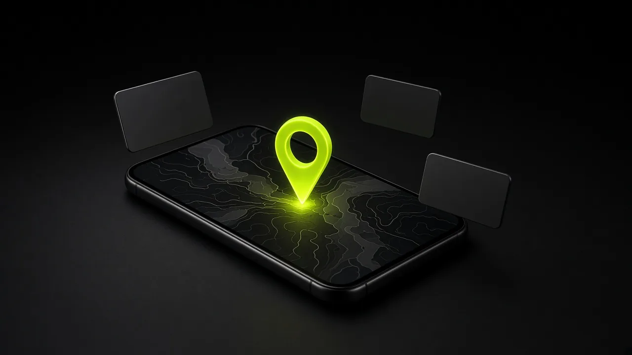 Black smartphone with a glowing lime location pin rising from its screen