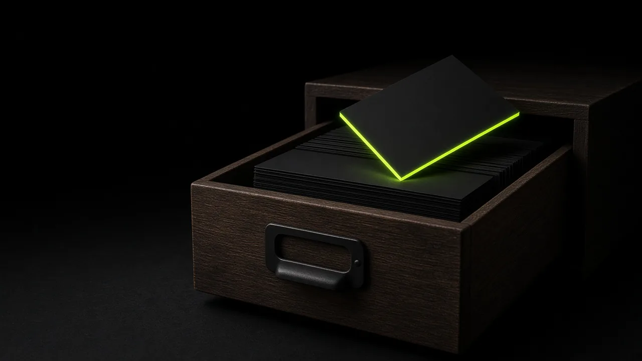 Open drawer of black index cards with one card rising, edged in lime