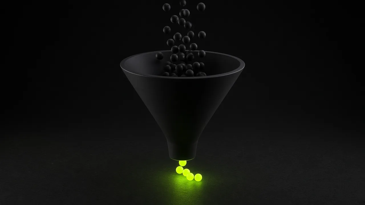 Many dark spheres entering a black funnel and a few lime spheres coming out the bottom