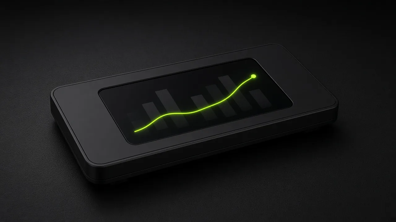 Black dashboard panel with faint graph bars and a rising lime line