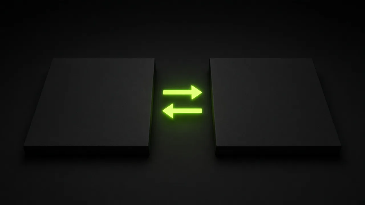 Two blank black pages linked by two lime arrows pointing in opposite directions