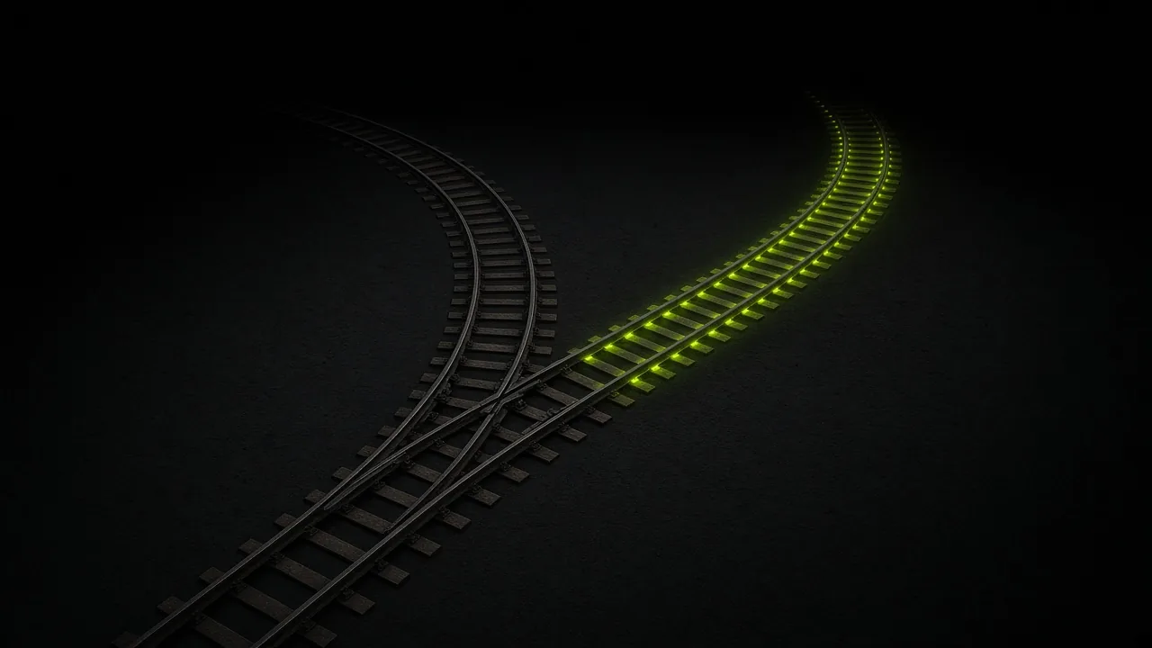 Dark railway switch splitting one track into two, with one branch lit in lime