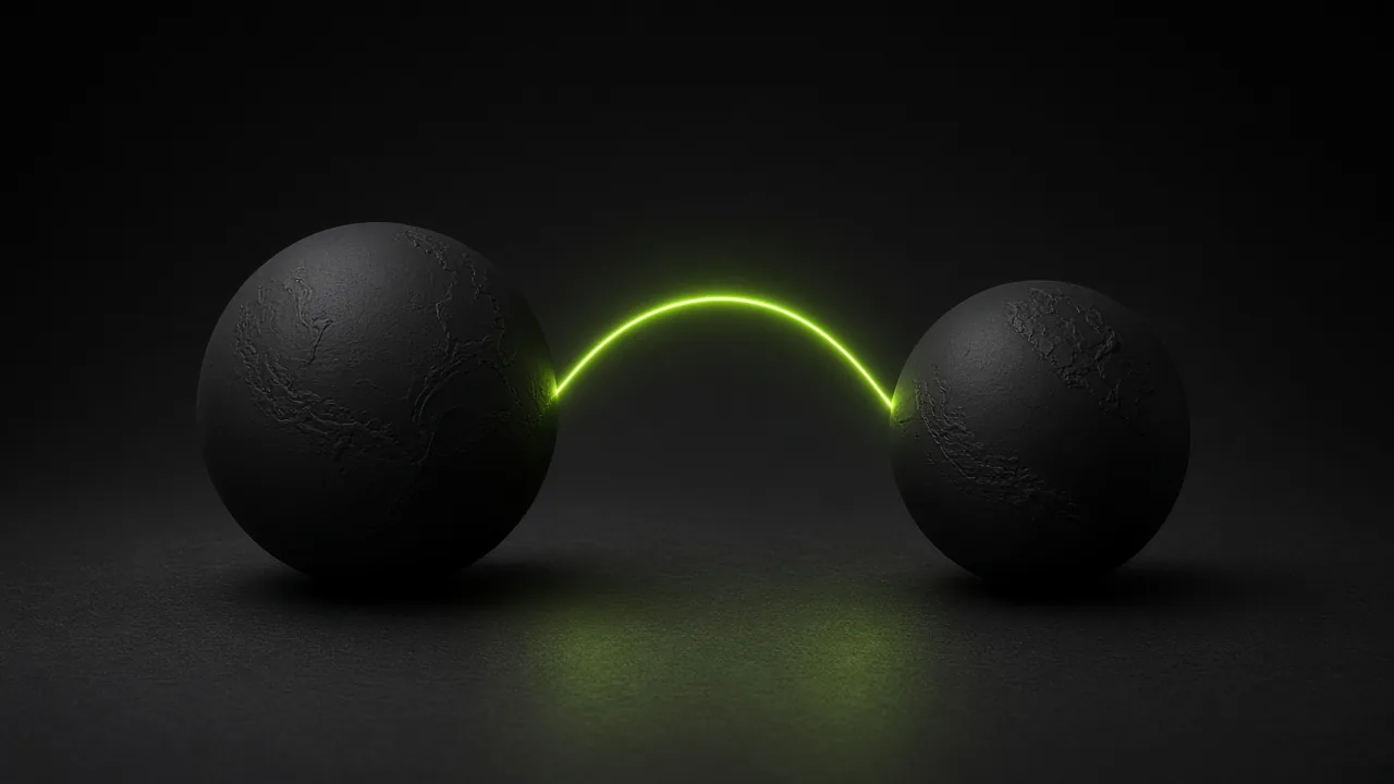 Two black globes connected by a single glowing lime arc
