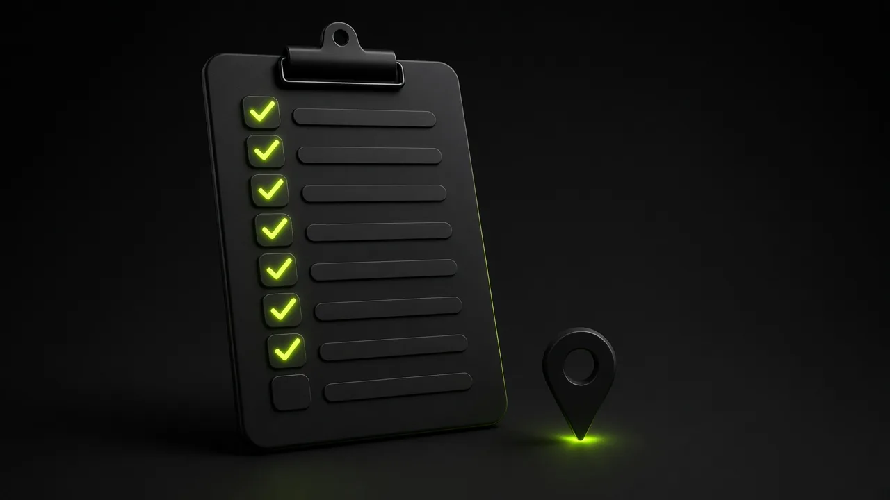 Black clipboard checklist with most boxes ticked in glowing lime