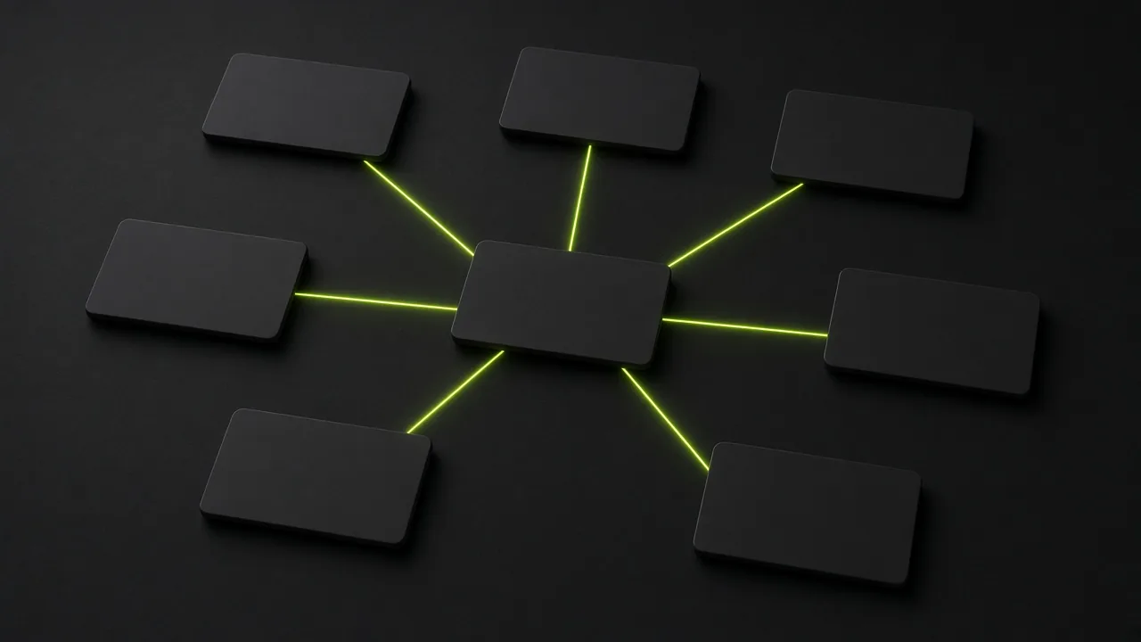 Seven blank black business cards linked to a central card by lime lines