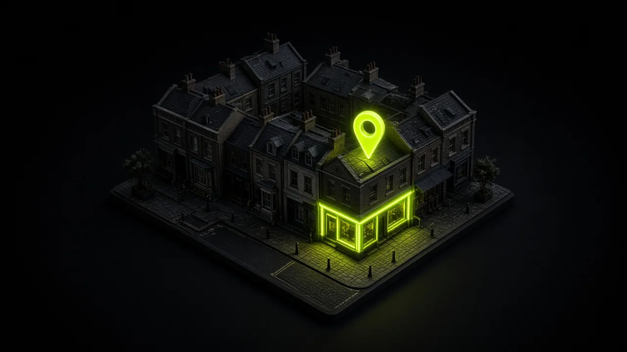 Miniature London street at night with one corner shop outlined in lime light