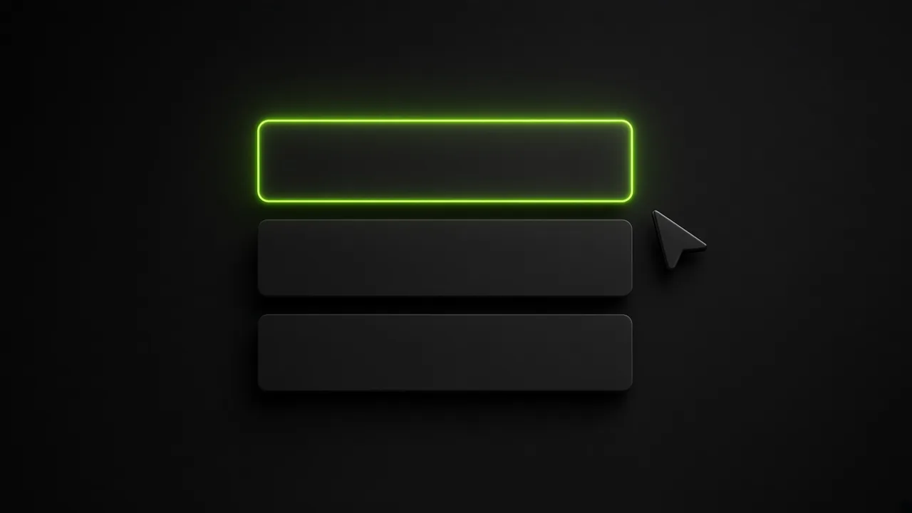 Three black search result bars with the top one outlined in lime and a cursor beside it
