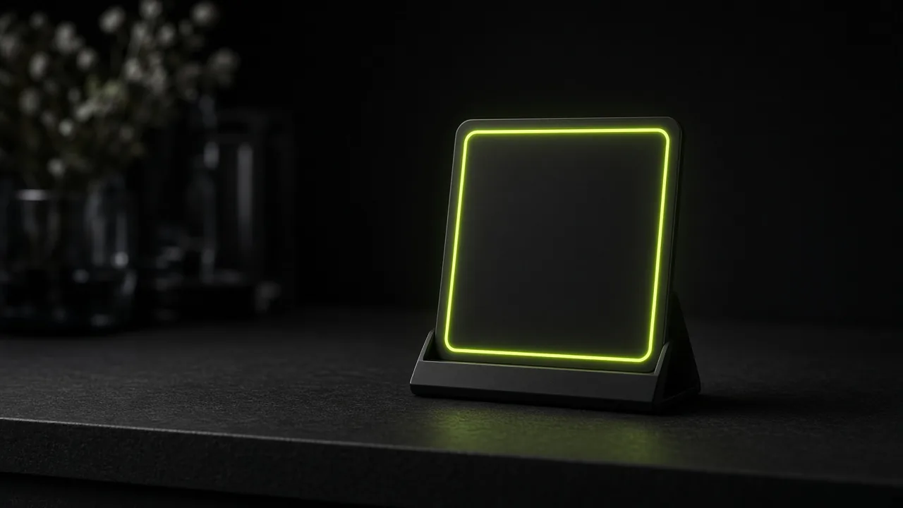 Small card stand on a shop counter holding a blank tile with a glowing lime border
