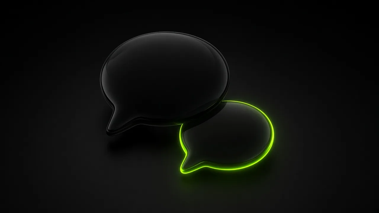 A large black speech bubble beside a smaller reply bubble edged in glowing lime