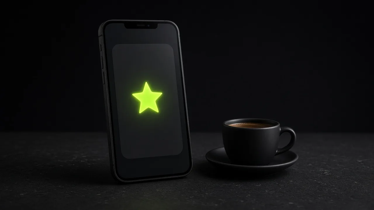 Black smartphone on a cafe table beside a coffee cup, showing a single lime star