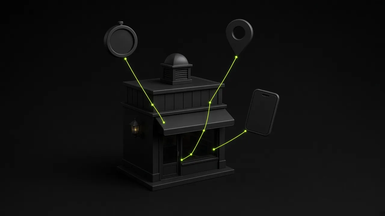 Black shop model linked by lime threads to floating clock, pin and phone tags