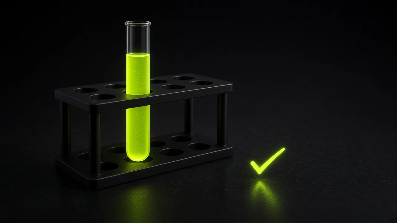 A single lime test tube in a black rack beside a glowing tick