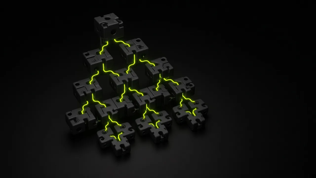 Tree of black interlocking blocks linked by glowing lime connections